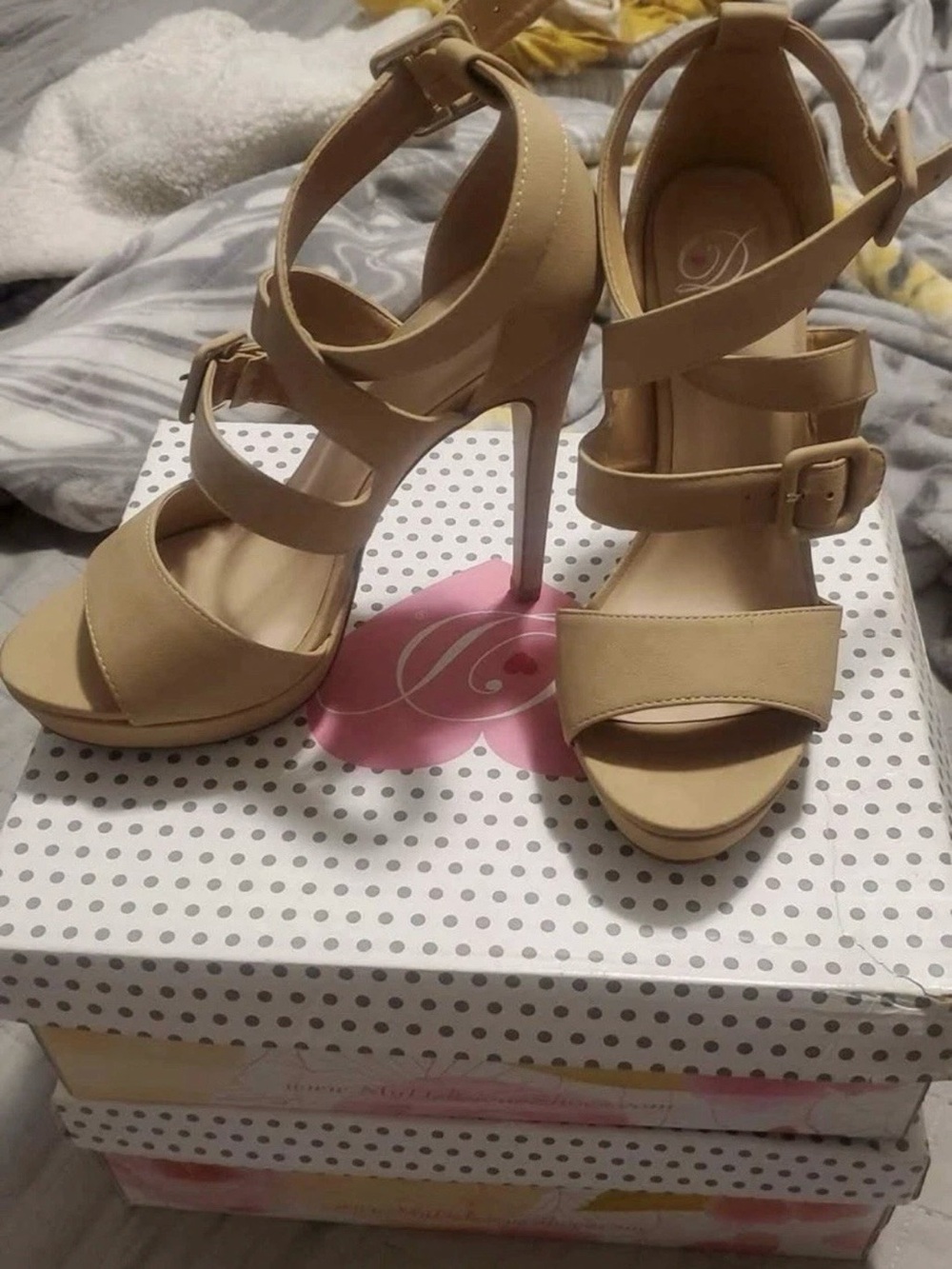 Women's Tan Strappy High Heel Sandals with Buckle